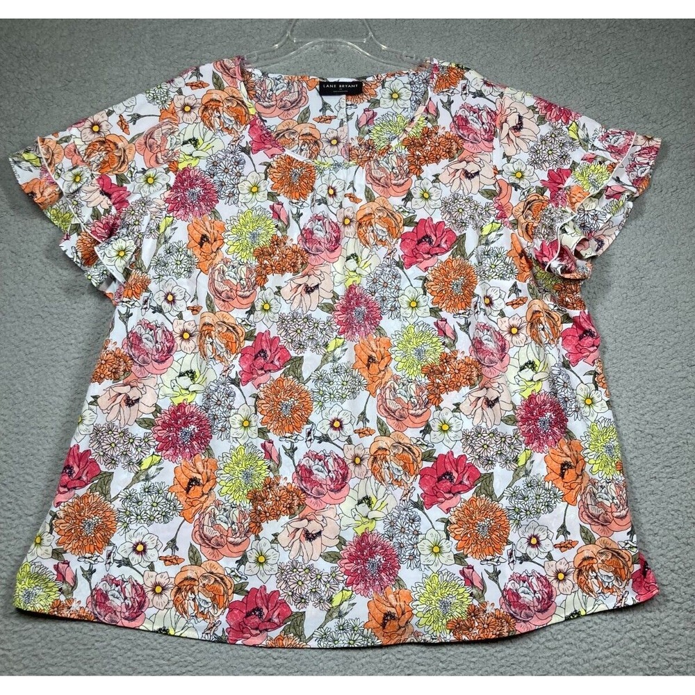 Lane Bryant Floral Blouse Womens 24 Multicolor Ruffle Flutter Sleeve Scoop Neck